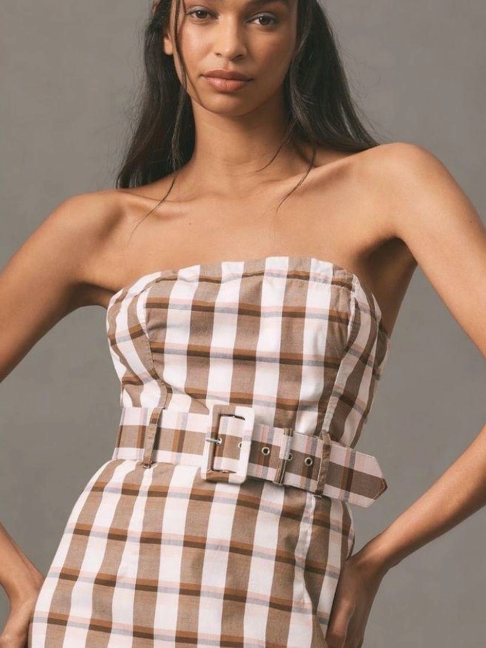 Anthropologie Brown & White Strapless Gingham Belted Midi Dress XL - Picture 3 of 7